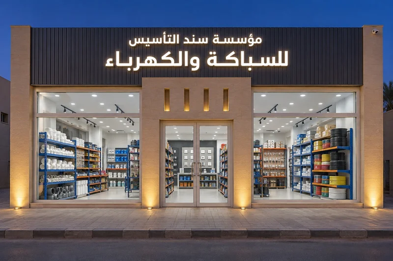 Sanad Altasis Plumbing & Electrical storefront with the shop sign, entrance and shelves
